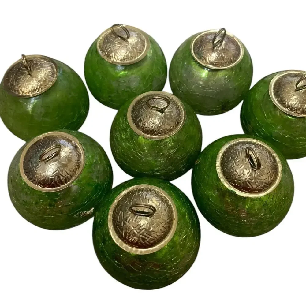 Set of 8‎ Green Crackle Glass Christmas Ornaments Vintage Style Round Holiday